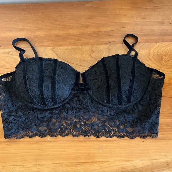 Lulus Other - Women’s Lulus Black Lace Padded Long Line Bra Velvet Details Size XL